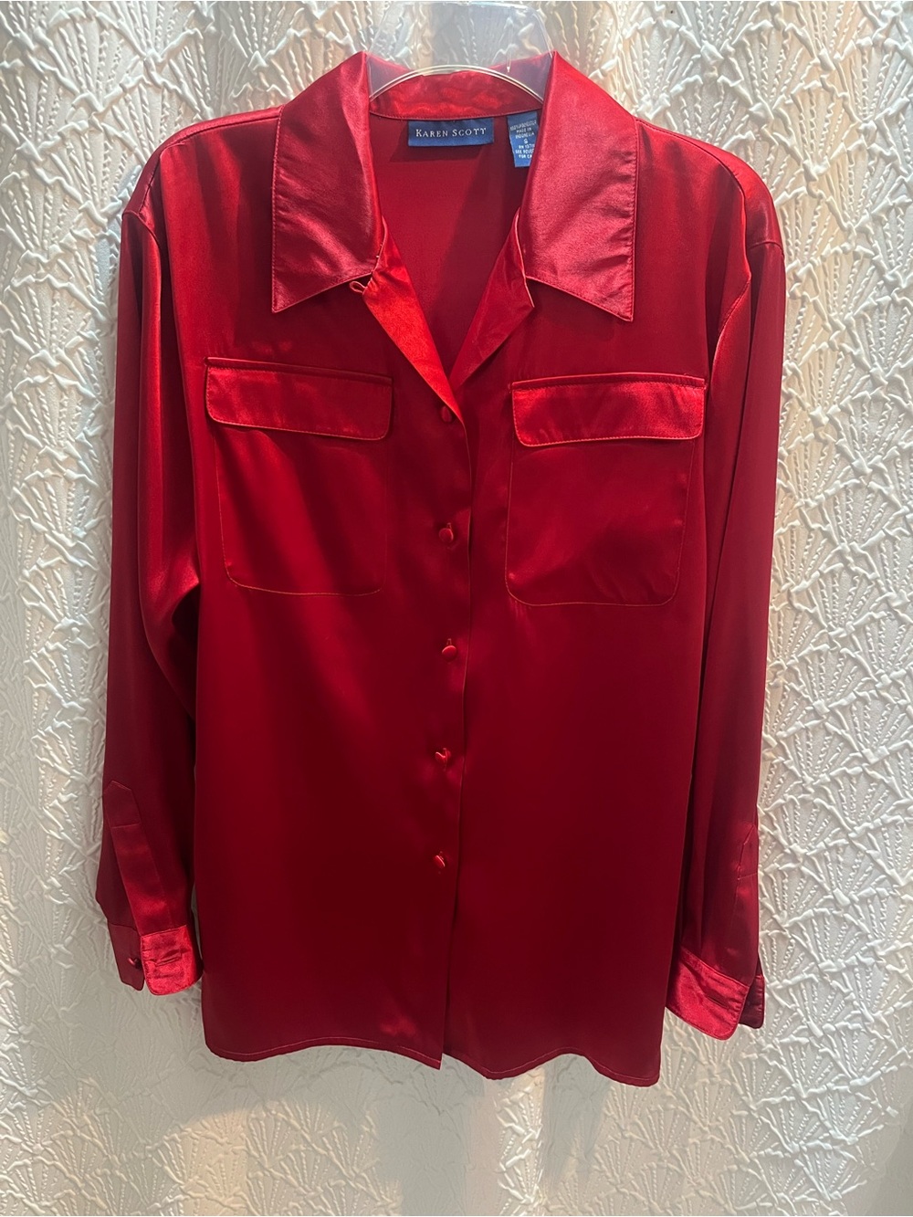 Karen Scott Red Satin Button-Front Blouse